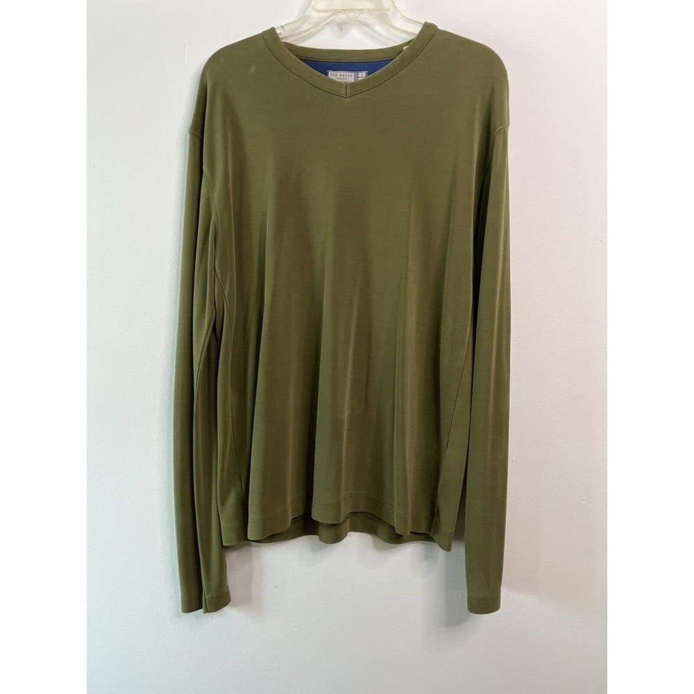 Ted Baker London Long Sleeve V Neck Pullover Shirt Olive Green Loose Fit